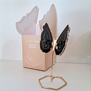 Borboleta Ágata Preta - Base Dourada - Base de Ferro