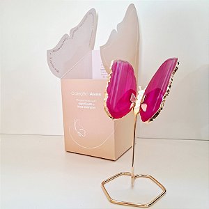 Borboleta Ágata Pink - Borda Dourada - Base de Ferro