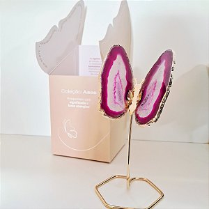 Borboleta Ágata Pink - Borda Dourada - Base de Ferro