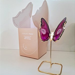 Borboleta Ágata Pink - Borda Dourada - Base de Ferro