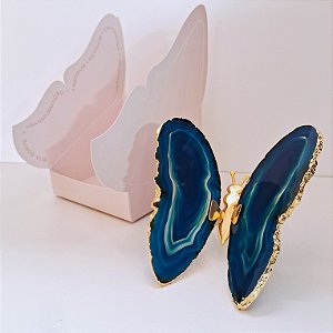 Borboleta Ágata Azul - Borda Dourada - Coleção Asas