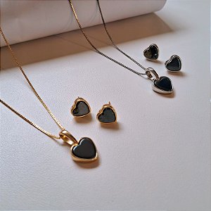 Conjunto Brinco e Colar Coração Hematita