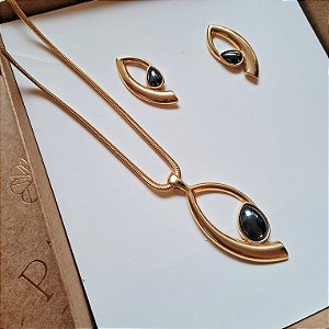 Conjunto Brinco e Colar Movimento Hematita - Folheado a Ouro