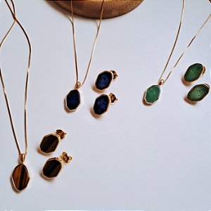 Conjunto Brinco e Colar Geométrico - Folheado a Ouro