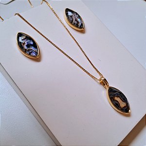Conjunto Colar e Brinco Encanto Abalone Facetado - Folheado a Ouro