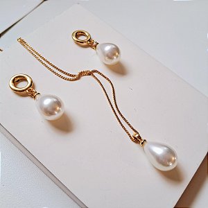 Conjunto Brinco e Colar Pérola Shell - Folheado a Ouro