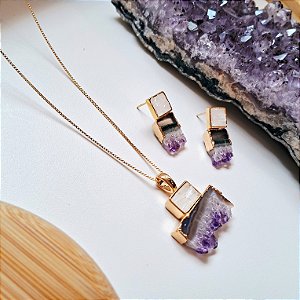 Conjunto Brinco e Colar Fragmentos e Drusa - Folheado a Ouro