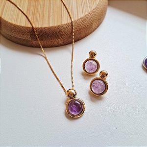Conjunto Brinco e Colar Pingo Ametista