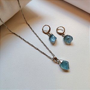 Conjunto Colar e Brinco Água Marinha - Pedra Rolada - Ródio Branco