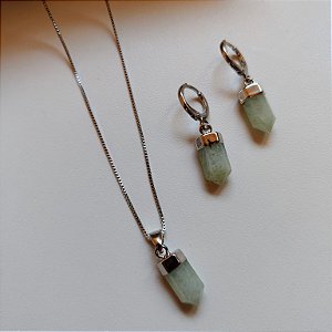 Conjunto Colar e Brinco Água Marinha Prisma - Ródio Branco