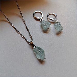 Conjunto Colar e Brinco Água Marinha - Pedra Bruta - Ródio Branco