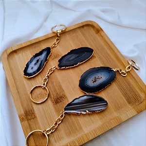 Chaveiro Chapa Ágata Preta Dourado - Borda Dourada