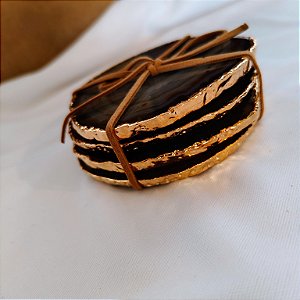 Kit 4 Porta Copos Ágata Marrom - Borda Dourada