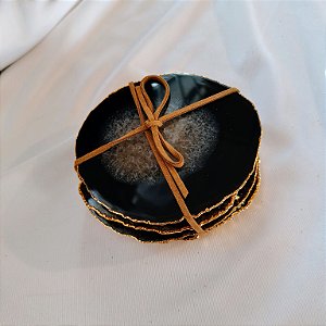 Kit 4 Porta Copos Ágata Preta - Borda Dourada