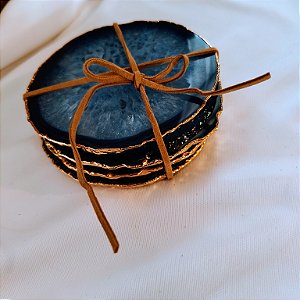 Kit 4 Porta Copos Ágata Azul - Borda Dourada