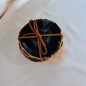 Kit 4 Porta Copos Ágata Azul - Borda Dourada