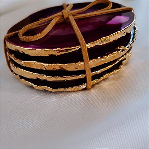 Kit 4 Porta Copos Ágata Pink Borda Dourada