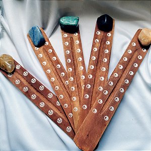 Incensário Régua Madeira e Cristais Rolados