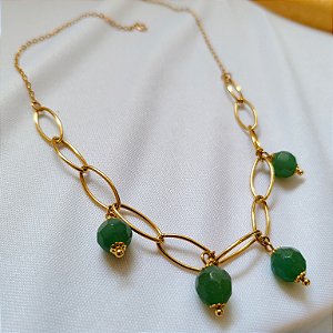 Colar Elos Alongados Quartzo Verde Facetado - Banho Ouro