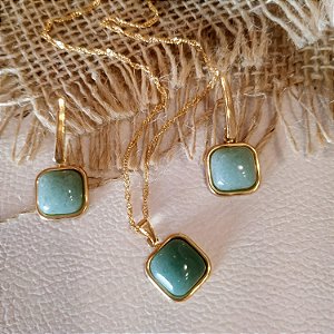 Conjunto Brinco e Colar Quadrado Quartzo Verde - Folheado a Ouro