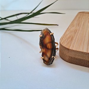 Anel Regulável Ágata Marrom - Folheado a Ouro