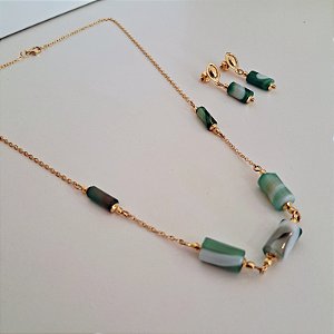 Conjunto Colar e Brinco Elegance Ágata Verde - Folheada a Ouro