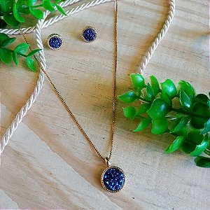 Conjunto Colar e Brinco Drusa de Cristal - Folheado a Ouro