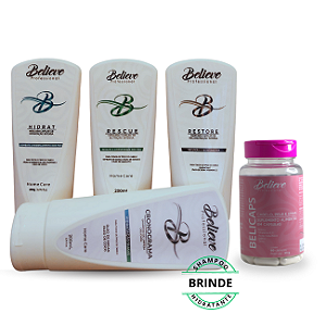 Kit Cronograma Capilar Believe + Suplemento Capilar + Shampoo Hidratante (Brinde)