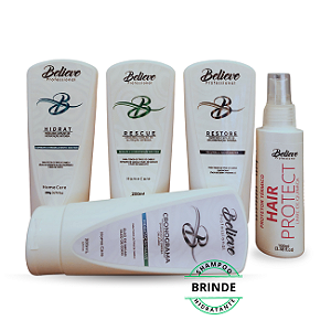 Kit Cronograma Capilar Believe + Hair Protect + Shampoo Hidratante (Brinde)