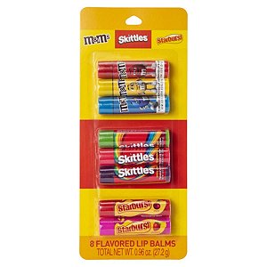 Kit Lip Balm M&M, Skittles, Starburst Hidratante Labial - 8 Unidades