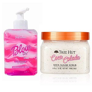 Kit Blow Girl - Gel Aromatizante Para Virilha Morango Com Creme + Esfoliante Tree Hut Corporal Coco Colada