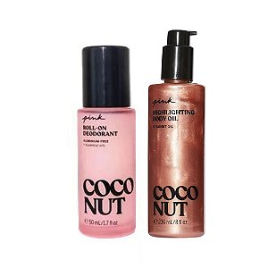 Kit Victoria's Secret PINK Desodorante Roll-on Sem Aumínio Coconut + Óleo Iluminador Corporal Coconut Highlighting Body Oil