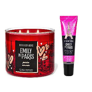 Kit Bath Body & Works Vela Aromática 3 Pavios Emily in Paris Paris Amour + Gloss Labial Emily in Paris Champagne In Paris