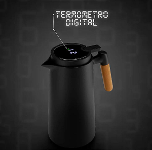 GARRAFA TÉRMICA PARA CAFÉ CABO DE MADEIRA COM TERMÔMETRO DIGITAL 1L - LYOR