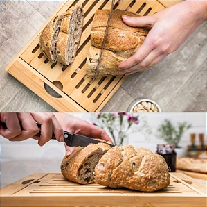 TÁBUA DE CORTE 4 EM 1 MIGALHEIRA DE PÃO COM BANDEJA EM BAMBU 36X22CM - CLINK