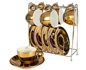 JOGO DE 12 PEÇAS - 6 XÍCARAS 80ML COM PIRES DOURADO PARA CAFÉ COM RACK - L'HERMITAGE
