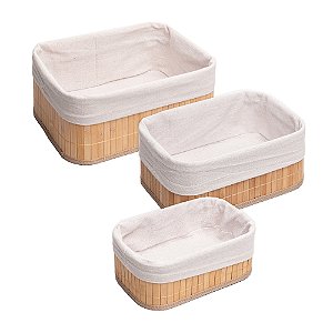 CONJUNTO 3 CESTOS RETANGULARES DE BAMBU COM FORRO - LYOR
