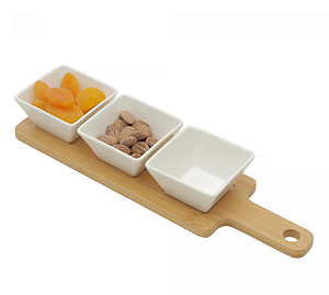 KIT 3 PETISQUEIRAS DE CERÂMICA COM BANDEJA DE BAMBU 31CM X 9CM - WOLFF