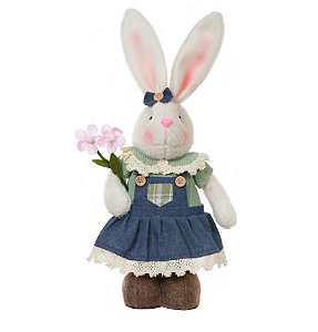 BONECO COELHO EM PÉ COM FLORES VERDE E AZUL 43CM - FLORARTE