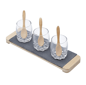 KIT 3 MOLHEIRAS DE VIDRO COM COLHER DE BAMBU E BANDEJA DE ARDÓSIA 26X8CM - LYOR