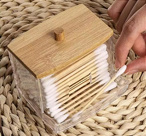 PORTA COTONETE RETANGULAR COM TAMPA DE BAMBU MY BOX 9X8CM - LYOR