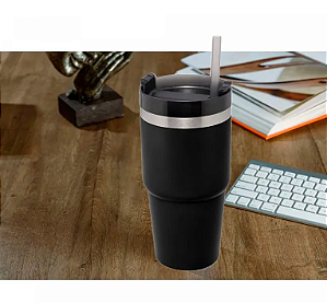COPO TÉRMICO DE AÇO INOX COM PAREDE DUPLA SLIMTERM COM BASE ERGONÔMICA E CANUDO 590ML PRETO - WOLFF