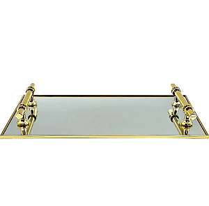 BANDEJA DE METAL ESPELHADA COM ALÇA DECORATIVA DOURADA 35X20CM - C3B