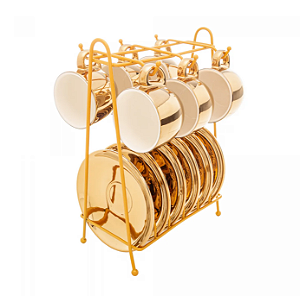 CONJUNTO DE 6 XÍCARAS DE CAFÉ DE PORCELANA COM PIRES E SUPORTE VERSA DOURADO/BRANCO 90ML - WOLFF