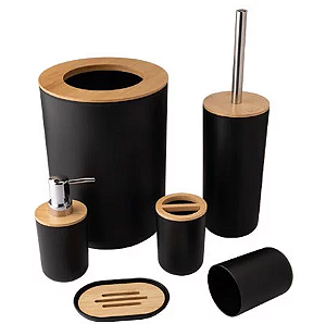 KIT 6 PEÇAS PARA BANHEIRO PRETO COM TAMPA DE BAMBU - CLINK