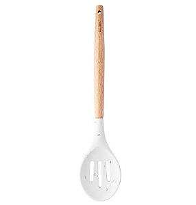 COLHER DE SILICONE VAZADA COM CABO DE MADEIRA CONFEITO 31X6CM - CLINK