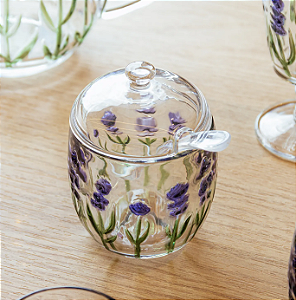 AÇUCAREIRO DE CRISTAL COM COLHER E TAMPA LAVANDA HAND PAINTING 11X8CM - LYOR