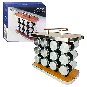PORTA TEMPEROS DE AÇO INOX E SUPORTE DE MADEIRA 12 PEÇAS - FLASHGOODS