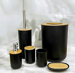 KIT PARA BANHEIRO 6 PEÇAS EM BAMBU PRETO - FLASHGOODS