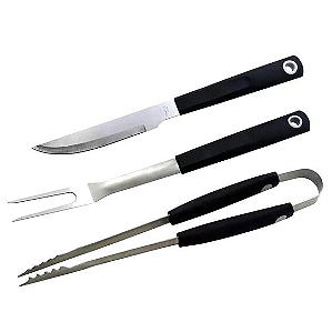 JOGO PARA CHURRASCO 3 PEÇAS GARFO, PEGADOR E FACA EM AÇO INOX COM CABO EMBORRACHADO - FULLFIT